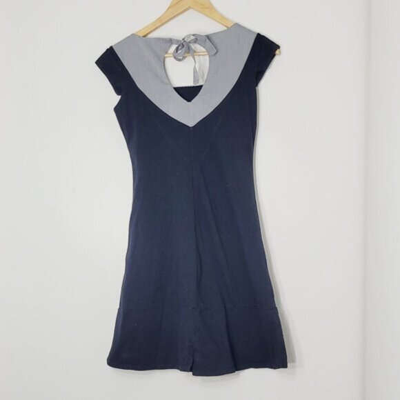 Eve Lavoie Women's Black Gray Cotton Blend Cap Sleeve Tie Back V-Neck Dress Sz M - Picture 2 of 10